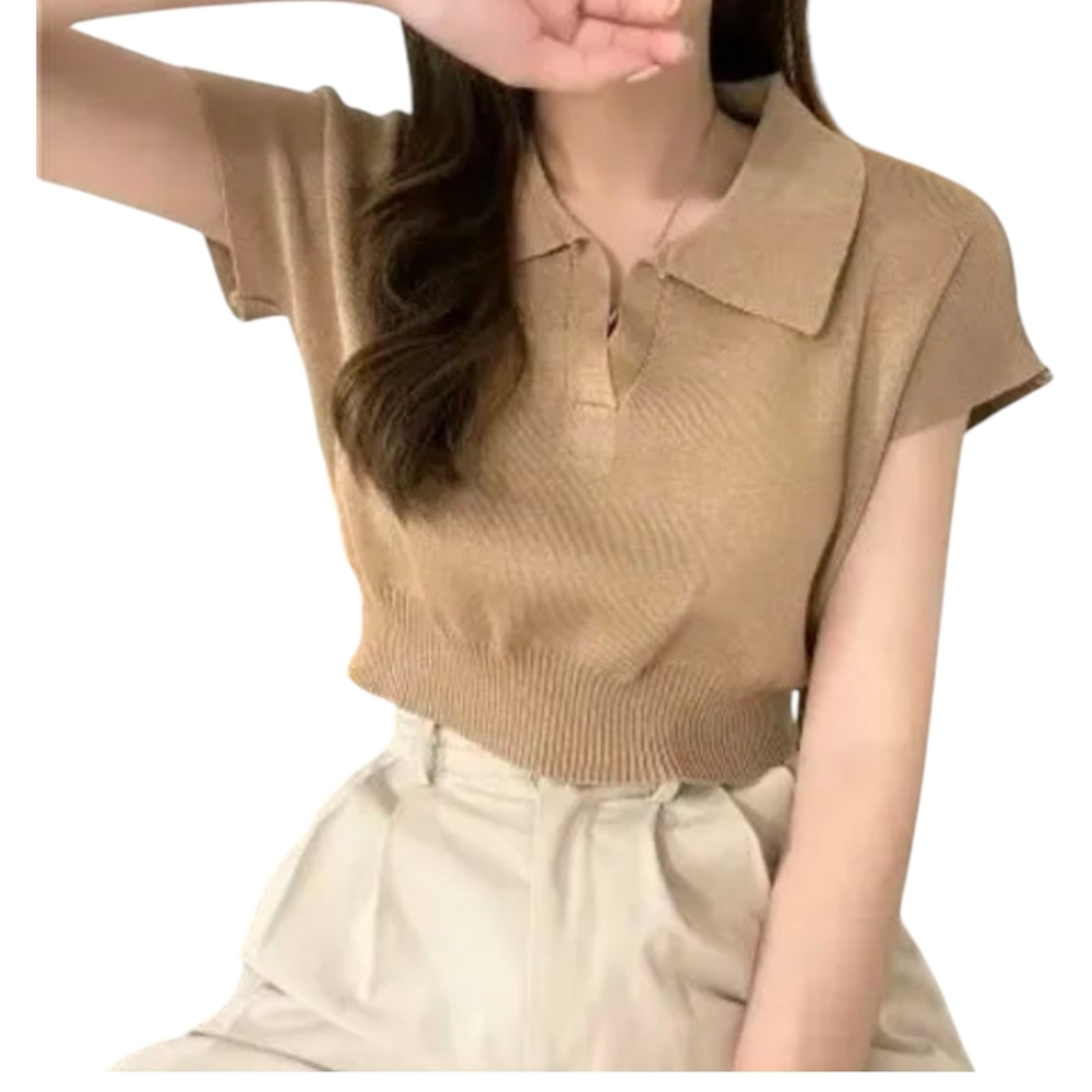 Chic Tan Collared Crop Top for Women